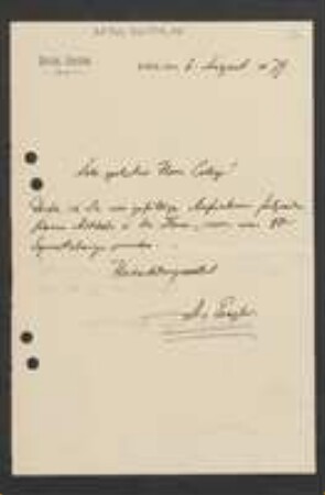 Brief von Adolf Engler an Unbekannt