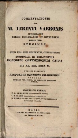 Commentationis de M. Terentii Varronis Antiquitatum rerum humanorum et divinarum libris XLI specimen