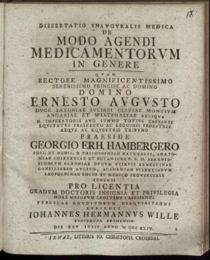 Dissertatio Inauguralis Medica De Modo Agendi Medicamentorum In Genere : Die XXV Iulii Anno M DCC XLIV.