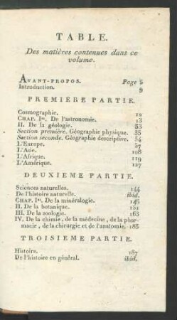 Table. Des matières contenues danc ce volume.
