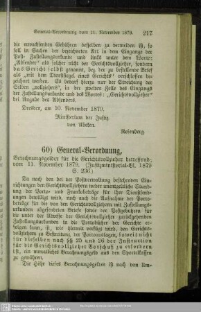 60) General-Verordnung, Berechnungsgelder für die Gerichtsvollzieher betreffend; vom 11. November 1879