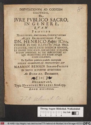 Disputationum Ad Codicem Secunda, De Iure Publico Sacro, In Genere