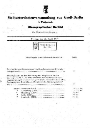 Nr. 25, 11. April 1947, Ordentliche Sitzung