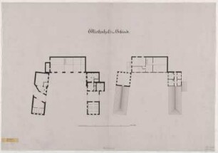 Weesenstein, Schloss, Wirtschaftsgebäude, Grundrisse : Weesenstein, Schloss, Grundrisse der Wirtschaftsgebäude, unbekannter Zeichner, vor 1928. Feder/Zeichenfolie. 67,7 x 97,5 cm. Bez.: "Wirthschafts Gebäude." Maßstab mit Maßeinheit "Dresd. Ellen" (50 Ellen=19,4 cm).
