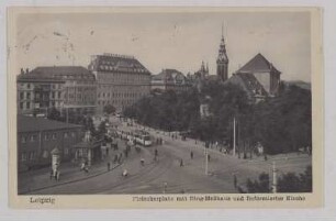 Leipzig. Fleischerplatz mit Ring-Meßhaus und Reformierter Kirche