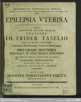 Dissertatio Inauguralis Medica De Epilepsia Uterina