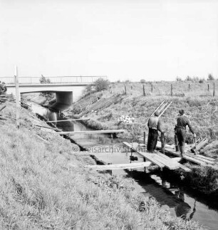 Beste: Flussregulierung: Zusammenfluss von Norderbeste und Süderbeste bei Blumendorf: Böschungserneuerung mit Bohlenwänden und Ziegelbrocken: vorn rechts Behelfsteg über Norderbeste: darauf drei Arbeiter beim Rammen der Holzpfähle: hinten weitere Steg über Beste: hinten links Brücke der Bundesstraße B 404