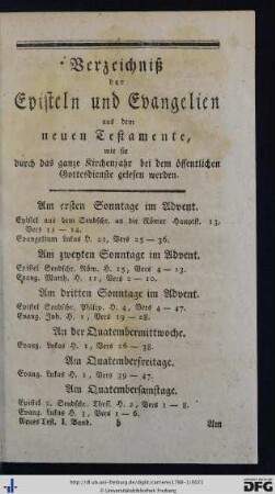 Verzeichniß der Episteln und Evangelien aus dem neuen Testamente, wie sie durch das ganze Kirchenjahr bei dem öffentlichen Gottesdienste gelesen werden.