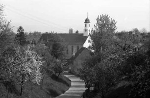 Freiburg, Waltershofen: Straße mit Blütenbaum und Kirche