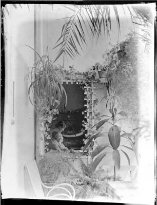 Wohnung der Familie Knochenhauer, Ehepaar Bruno und Fanny Knochenhauer am Tisch sitzend. Blick (von der Veranda?) durch ein Fenster in das Zimmer : Kattowitz, Friedensstraße 2. Wohnung der Familie Knochenhauer, Ehepaar Bruno und Fanny Knochenhauer am Tisch sitzend. Blick (von der Veranda?) durch ein Fenster in das Zimmer