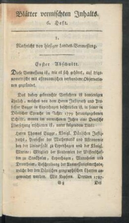 I. Nachricht von hiesiger Landes-Vermessung
