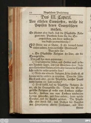Das III. Capitel. Von etlichen Einwürffen, welche die Papisten denen Evangelischen machen.