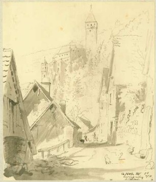 Zwingenberg Alte Dorfstraße mit Blick auf die Burg im Hintergrund