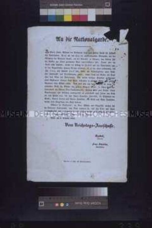 Maueranschlag: Aufruf des Reichstags-Ausschusses an die Mitglieder der Nationalgarde; Wien, 8. Oktober 1848