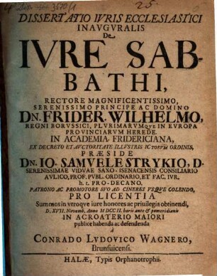 Dissertatio Ivris Ecclesiastici Inavgvralis De Ivre Sabbathi