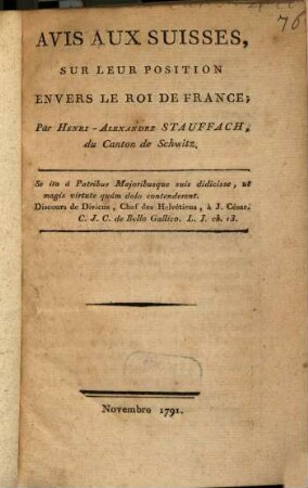 Avis aux Suisses sur leur position envers le Roi de France