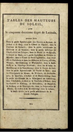 Tables des Hauteurs du Soleil, puor le cinquante deuxieme dégré de Latitude...