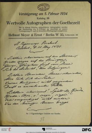 Wertvolle Autographen der Goethezeit : Versteigerung am 5. Februar 1934 (Katalog Nr. 38)