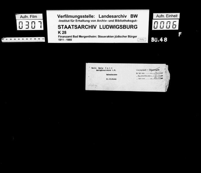 Katz, Sally; Religionslehrer i. R. *20.07.1864 Zugshagen Katz, Hedwig geb. Goldschmidt Wohnort: Edelfingen, bis 1932 Babenhausen/Kr. Dieburg