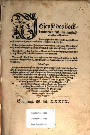 Josephi des hochberümpten ... histori beschreibers, Zwentzig bücher von den alten geschichten : nach den alten Exemplaren fleissig corrigiert vnd gebessert