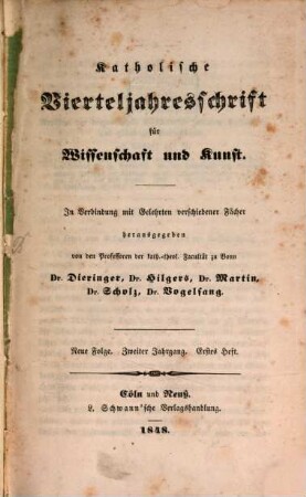 Katholische Vierteljahresschrift für Wissenschaft und Kunst. 2, 2. 1848
