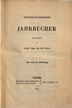 Deutsch-französische Jahrbücher. 1/2. 1844