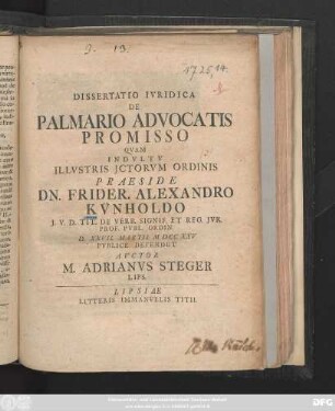 Dissertatio Ivridica De Palmario Advocatis Promisso