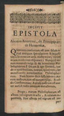 Incipit Epistola Alicuius Anonymi, de Principiis artis Hermeticae.