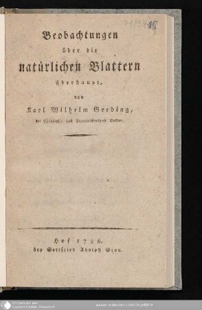 Beobachtungen über die natürlichen Blattern überhaupt