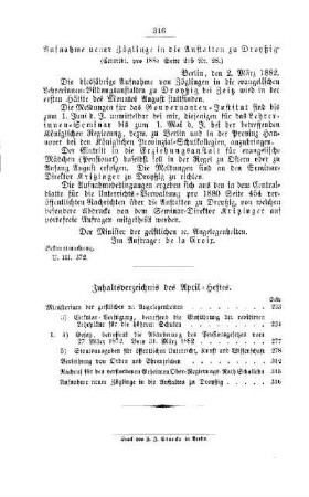 Inhaltsverzeichniß des April-Heftes