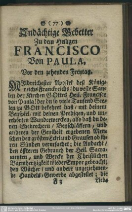Andächtige Gebetter Zu dem Heiligen Francisco Von Paula, Vor den zehenden Freytag