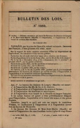 Bulletin des lois de la République Française. Partie principale. 21. 1863 = Sem. 1 = Nr. 1080 - 1109