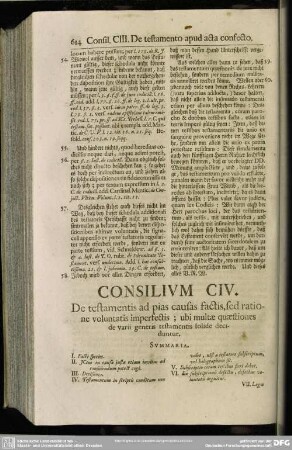 Consilium CIV. De testamentis ad pias causas factis, sed ratione voluntatis imperfectis; [...]