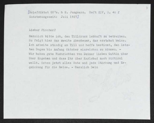 Brief von Gerhart Hauptmann an Samuel Fischer
