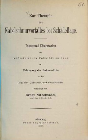 Zur Therapie des Nabelschnurvorfalles bei Schädellage : Jenaer Inaug. Diss.