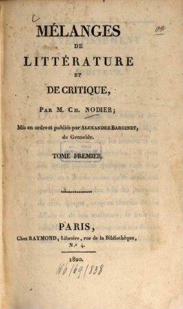 Mélanges de littérature et de critique, 1