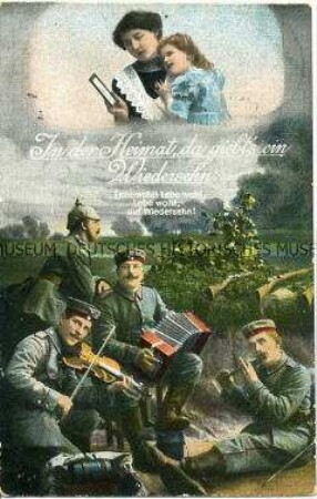 Postkarte mit Soldatenmotiv und Liedzeilen