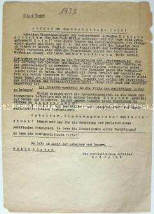 Hektografiertes Flugblatt "revolutionärer Arbeiter" mit einem Aufruf zum Widerstand gegen die Hitler-Regierung