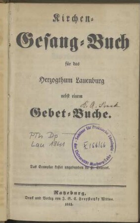 Kirchen-Gesang-Buch für das Herzogthum Lauenburg: nebst einem Gebet-Buche