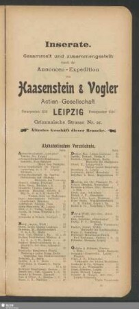 Inserate. Alphabetisches Verzeichnis