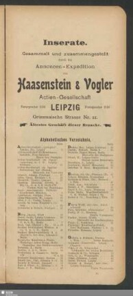 Inserate. Alphabetisches Verzeichnis