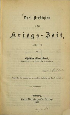 Drei Predigten in der Kriegs-Zeit
