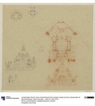 Wien, Projekt Kaiser Franz Joseph Jubiläumskirche, Skizzenblatt mit drei Grundrissen, einem Grundrissdetail, Perspektive, Schnitt und zwei Details