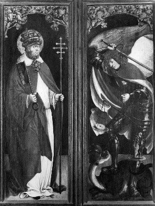 Dreikönigsaltar : Dreikönigsaltar. Holz, geschnitzt, gefaßt, bemalt (1502/1535; Werkstatt J. Kändel). Äußere Flügel mit heiligem Petrus und Erzengel Michael. Aulendorf (Kreis Ravensburg), Pfarrkirche Sankt Martin, nördliche Chorseitenkapelle