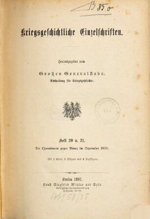 Kriegsgeschichtliche Einzelschriften, 20/21. Die Operationen gegen Vinoy im September 1870