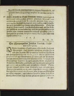 Der Marpurgischer Juristen Facultät/ Censur und Subscription. [u. a.]