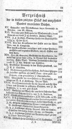 Verzeichniß der in diesem zweyten Stück des vierzehnten Bandes recensirten Bücher.