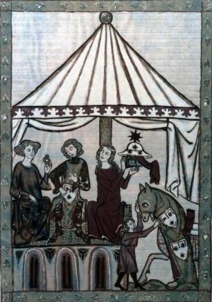 Manessische Liederhandschrift oder Große Heidelberger Liederhandschrift — Herr Winli bereitet sich auf das Turnier vor, Folio 231recto