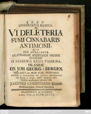 Dissertatio Medica De Vi Deleteria Fumi Cinnabaris Antimonii