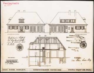 Haus Herz, Berlin-Dahlem. Zum Projekt gehörend: Böhmer & Petrich, Haus Herz, Berlin-Dahlem Umbau zu Haus Himmler: Nebengebäude: Vorder- und Rückansicht, Längsschnitt 1:100